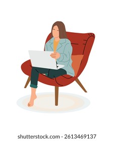 Business woman sitting in comfortable armchair, working on laptop. Grit freelancer working at home in casual clothes. Colorful Hand drawn flat vector illustration isolated on white background