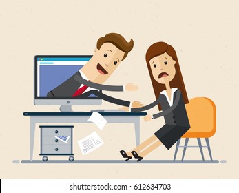 Business woman sitting at the computer desk with laptop and man come out of the monitor screen. Business and finance concept.  Vector, illustration, flat