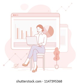 Business woman sitting cross-legged on a chair and looking at a graph on a laptop. hand drawn style vector design illustrations.