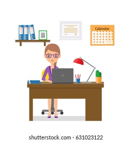 Business woman sitting at desk. Design workspace or home workplace with cartoon animated female character. Flat people icon. Office interior and furniture. Vector illustration.