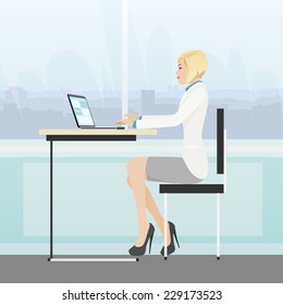 business woman sitting at desk in office working laptop computer vector illustration