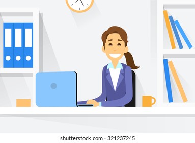 Business Woman Sitting at Desk in Office Working Laptop Computer Vector Illustration