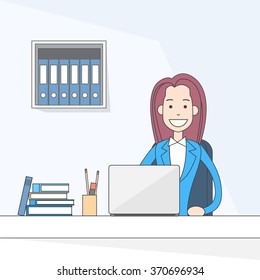 Business Woman Sitting at Desk in Office Working Laptop Computer Vector Illustration