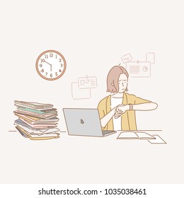 Business woman sitting at desk and working late. hand drawn style vector doodle design illustrations.