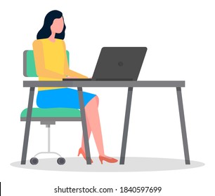 Business woman sitting at a desk working with laptop. Businesswoman manager typing on computer keyboard. Office worker girl at a table isolated on white background, communicating in the Internet,