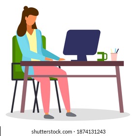 Business woman sitting at a desk working with laptop. Businesswoman manager typing on computer. Office worker girl or freelancer at home, work on the Internet, communication on social networks concept