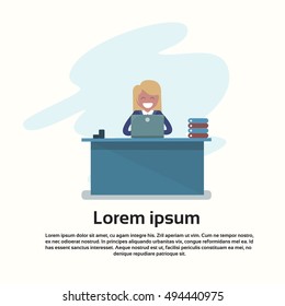 Business Woman Sitting at Desk Working Laptop Computer Flat Vector Illustration