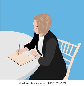 Business woman sitting at Desk and writing in a notebook.