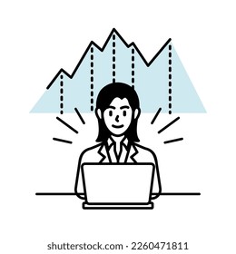 Business woman sitting in front of computer in confident pose against the backdrop of rising indicators
