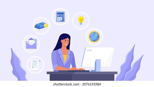 Business woman sitting at her computer in office and doing many tasks at the same time. Freelance worker. Multitasking skills, effective time management and productivity concept. Vector illustration