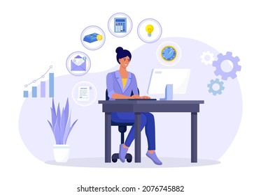 Mujer de negocios sentada en su computadora en el cargo y haciendo muchas tareas al mismo tiempo. Trabajador independiente. Conocimientos multitarea, gestión eficaz del tiempo y concepto de productividad. Ilustración del vector