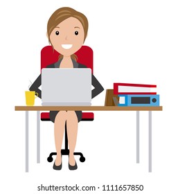 business woman sitting at his desk with a laptop. vector isolated