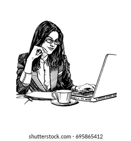 A business woman is sitting at a laptop and a cup of tea. Morning, breakfast at work. Sketch