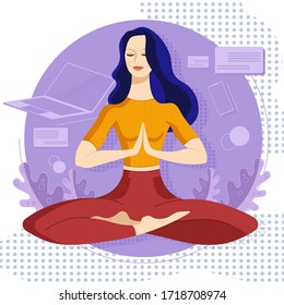 Business woman sitting in lotus pose at the work at home. Meditation concept. Concentration girl no stress free at work concept. Business woman relaxes at work. Stress free work at home. 