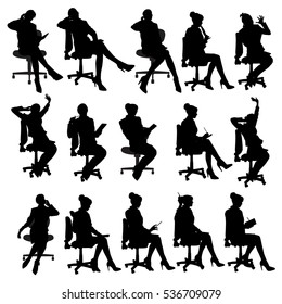 Business woman sitting in an office chair in various poses.