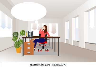 Business woman sitting at office desk  and speaking on the phone,as a concept of financial crisis and business problem. Arrow down direction.