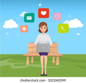 business woman sitting on the bench and using computer. Illustration vector of laptop infographic.