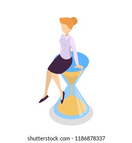 Business woman sitting on the big hourglass. Time management and deadline concept. Isometric character on the clock. Isolated vector illustration