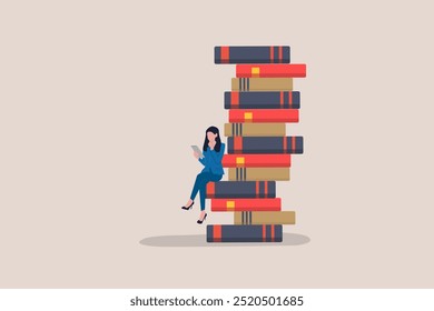 business woman sitting on the books. concept of success, education level and skill development