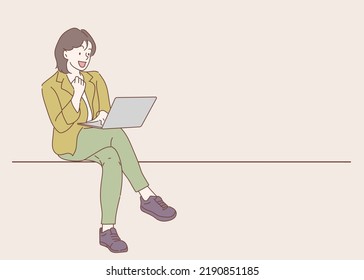 Business woman is sitting on chairs and used laptop computer. Hand drawn in thin line style, vector illustrations.