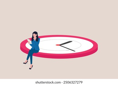 Business woman sitting on clocks, organizing time, planning tasks and scheduling. Concept of effective self organization and management control