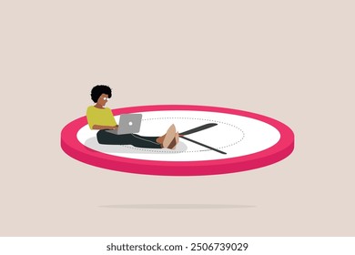 Business woman sitting on clocks, organizing time, planning tasks and scheduling. Concept of effective self organization and management control