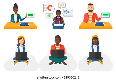 Business woman sitting on a cloud with a laptop on her knees. Woman using cloud computing technology. Cloud computing concept. Set of vector flat design illustrations isolated on white background.