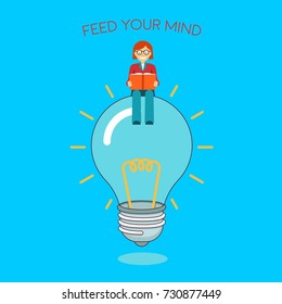 Business Woman Sitting On Idea Bulb Reading A Book. Feed Your Brain With Knowledge. Big Idea, Motivation, Balance, Thoughtful, Mindfulness, Business Concept Illustration Vector.
