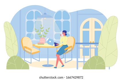 Business Woman Sitting on Illuminated Terrace at Sleepless Night Indoor Home and Work at Laptop and Drink Hot Coffee from Cup. Female Enjoy Alone among on Workplace. Vector Illustration