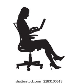 Business woman sitting on office chair working with laptop full length silhouette.