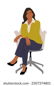 Mujer de negocios sentada en la silla de la oficina. Bonita jefa de dama en elegante traje de oficina casual. Ilustración vectorial colorida plana aislada sobre fondo blanco.