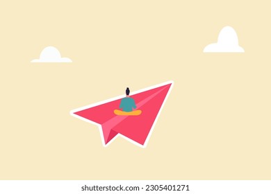 Business woman sitting on paper plane. concept of leadership, power, strength, motivation, ambition and feminism