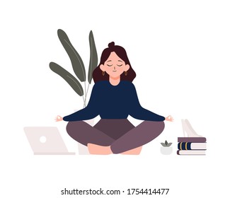 Business woman sitting in padmasana lotus pose. Office worker meditating, relaxing or doing yoga after stress and hard work day. Flat vector illustration