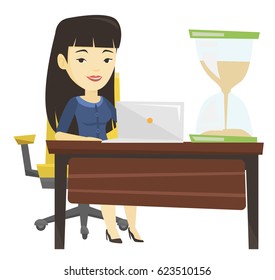 Business woman sitting at table with hourglass symbolizing deadline. Business woman coping with deadline successfully. Deadline concept. Vector flat design illustration isolated on white background.