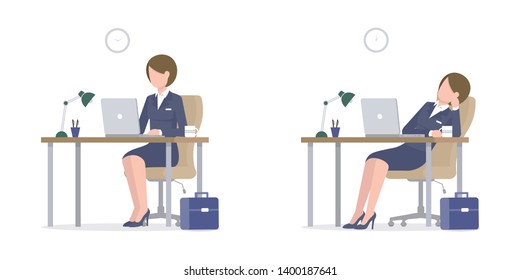 Business woman sitting at the table and using a laptop. Tired girl drinks coffee at work at lunch time. Flat vector illustration isoleted on white background.