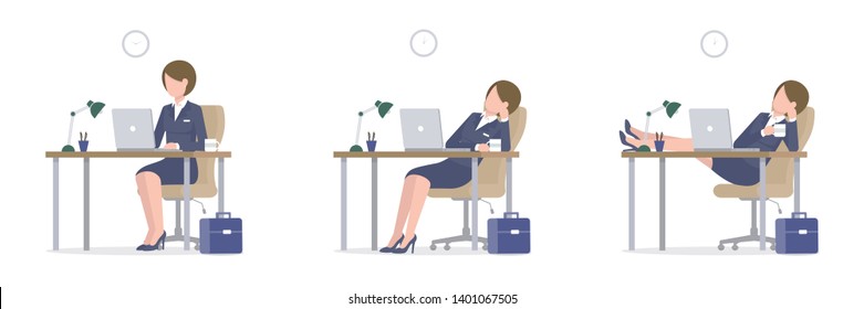 Business woman sitting at the table and using a laptop. Tired girl drinks coffee at work at lunch time. The girl put her legs on the table. Flat vector illustration isoleted on white background.
