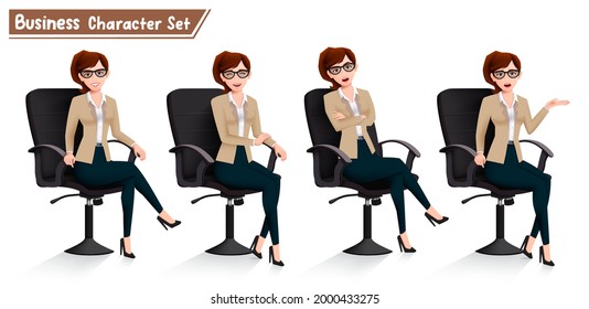 Business woman sitting vector set. Businesswoman characters in office chair seat with happy and serious expressions for female boss characters cartoon collection design. Vector illustration