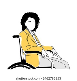 Business woman sitting in wheelchair. Inclusive business concept. Hand drawn outline vector illustration isolated on white background. Hand made, Not AI generated