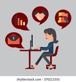 Business woman sitting working on her computer think about her work successfully