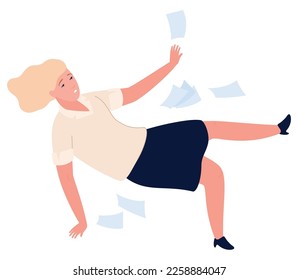 Business woman slipped and falls with paper document warning hazard danger walking vector flat illustration. Female beware wet floor dangerous bad luck accident falling slippery caution failure