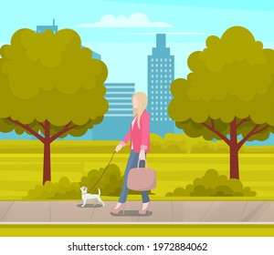 Business woman with small white dog is walking on street. Female character stylish girl spends time outdoors with her pet. Owner walks with cheerful puppy on leash in city park wih green trees