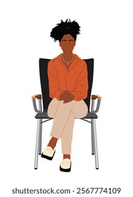 Business woman in smart casual clothes sitting on office chair. Vector flat illustration isolated on white background