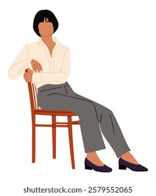 Business woman in smart casual clothes sitting on the wooden stool. Pretty lady boss in white shirt blouse and gray pants. Flat vector illustration isolated on white background