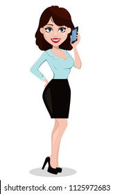 Business woman with a smartphone. Beautiful businesswoman in office style clothes. Cheerful cartoon character. Vector illustration.