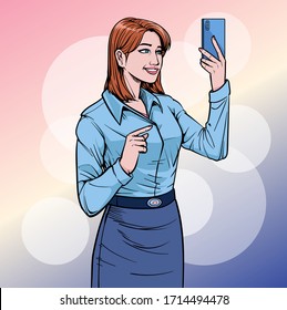 Business woman with smartphone and mobile phone Some people are impressive. Illustration vector On pop art comics style Boards background.