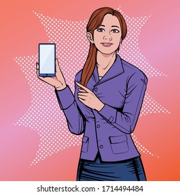 Business woman with smartphone and mobile phone Some people are impressive. Illustration vector On pop art comics style Boards background.