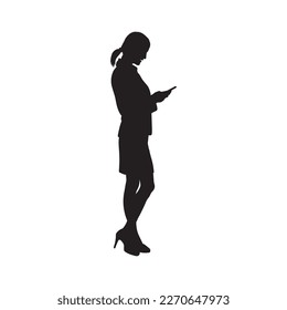 Business woman with smartphone silhouette on white background.