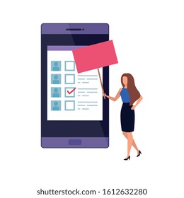 business woman with smartphone for vote online vector illustration design