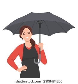 Business woman smiling on the rain under umbrella after work. Flat vector illustration isolated on white background
