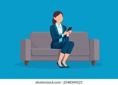 Business woman smiling on sofa, holding mobile phone and looking away Flat Vector illustration on blue background.